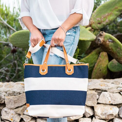 Blue and White Striped Beach Bag with Removable Shoulder  display picture 1